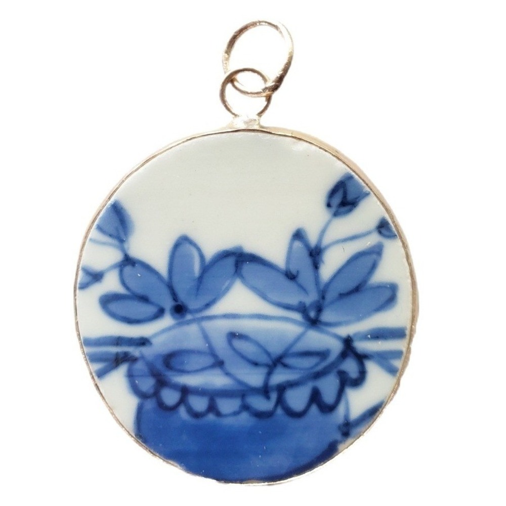 Vintage Blue & White Porcelain Pottery Shard Pendant Floral Broken China Jewelry